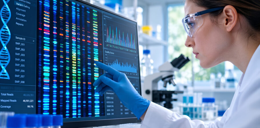 etudemaladiesneuro.jpeg (Female scientist analyzing DNA sequencing data on a computer monitor in a modern research laboratory)